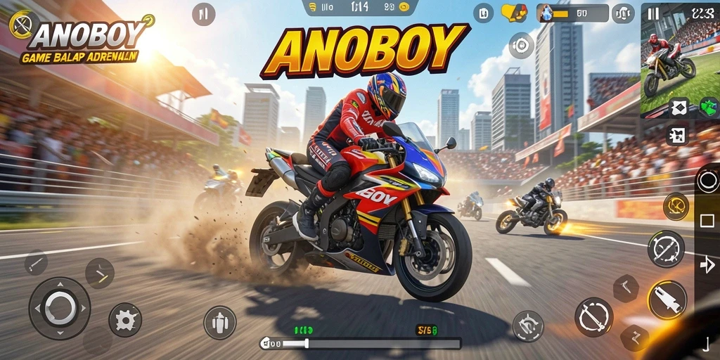 Gameplay ANOBOY yang mendebarkan dengan balapan motor.
