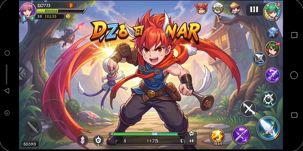 Tampilan gameplay D73 yang menampilkan karakter anime dalam aksi epik.