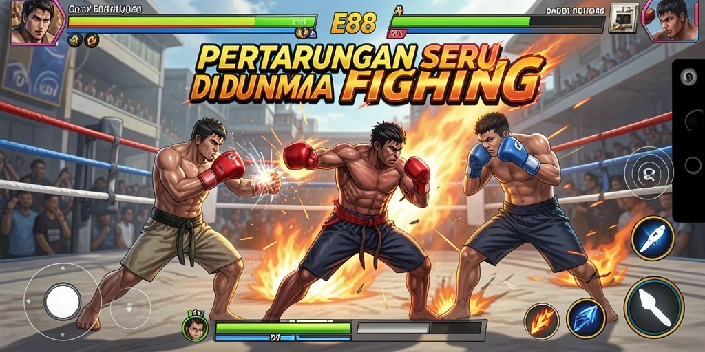 Screenshot gameplay E88 menampilkan karakter bertarung dalam arena yang menegangkan.