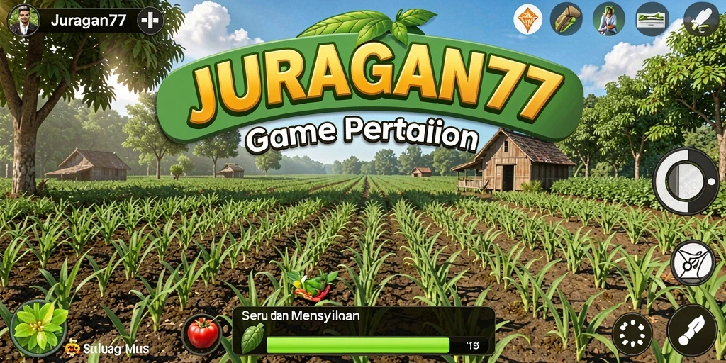 Screenshot JURAGAN77 menampilkan lahan pertanian yang subur dan aktivitas bermain yang seru.