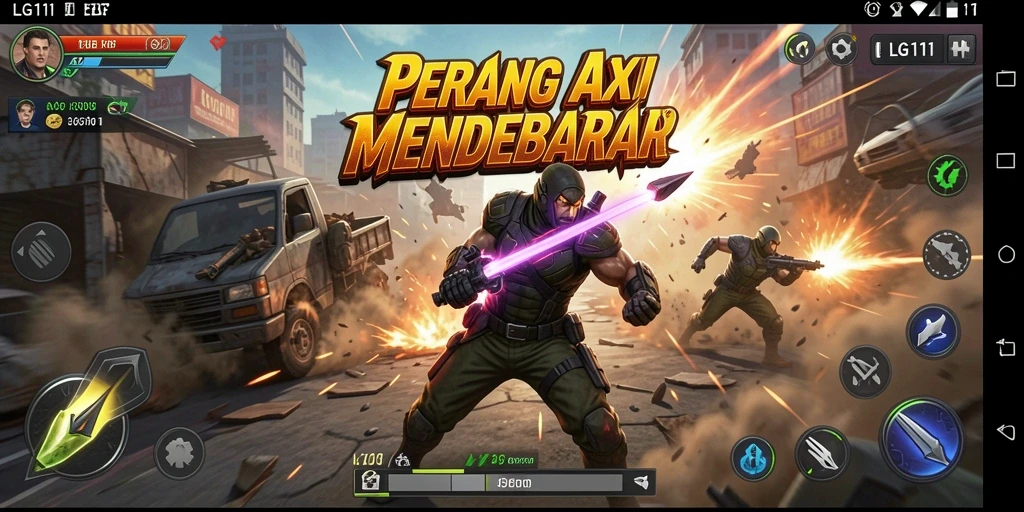 Tampilan screenshot utama LG111 menampilkan aksi pertempuran yang intens.