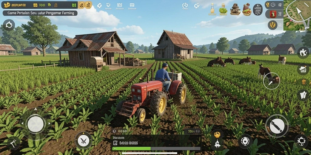 Tangkapan layar dari gameplay MAGNUM188 menampilkan ladang yang subur dan hewan ternak yang sehat.