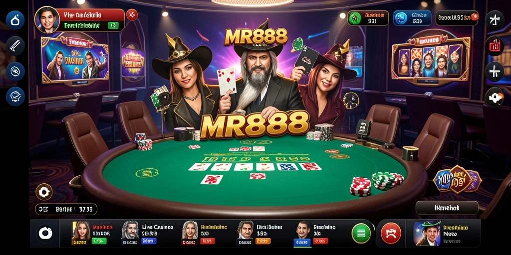 Screenshot MR888 menampilkan dealer langsung dan permainan kasino yang menarik.